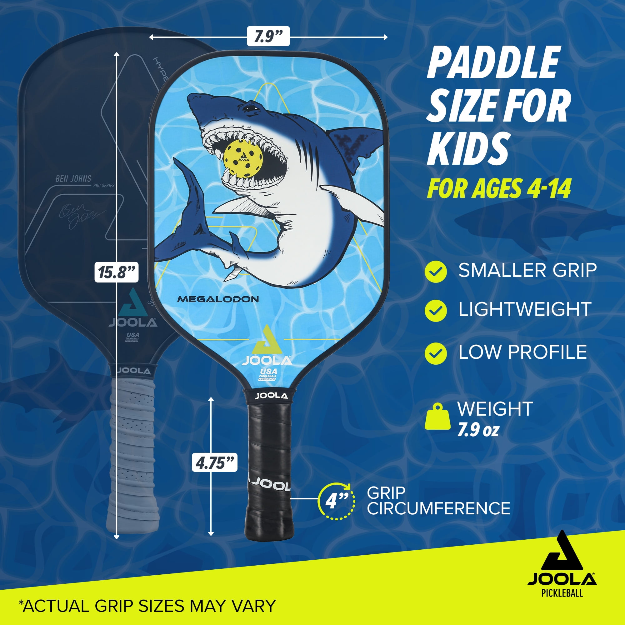 JOOLA Megalodon Junior Pickleball Paddle, Blue, 7.9 oz