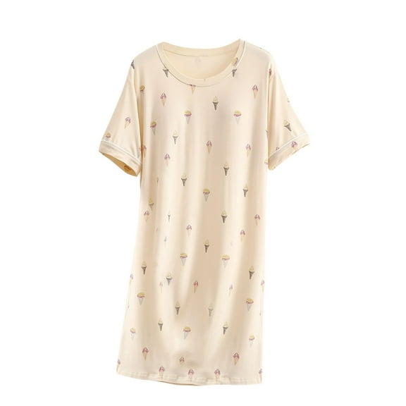 ibuvkizy Nightgowns for Women Nightdress Cotton Nightgown Sleepwear Short Sleeves Shirt Casual Print Sleepdress Woman Elegant Nightwear Summer and Spring Beige L
