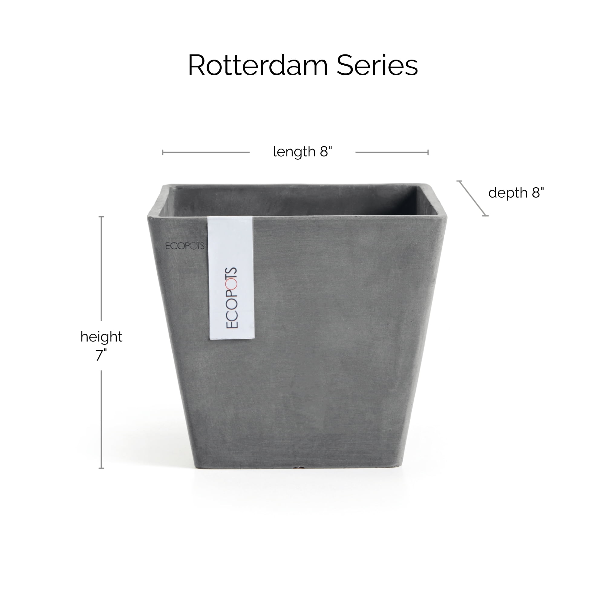 Ecopots Rotterdam Durable Modern Square Indoor/Outdoor Recycled Based Composite Flower Planter, Grey, 8"