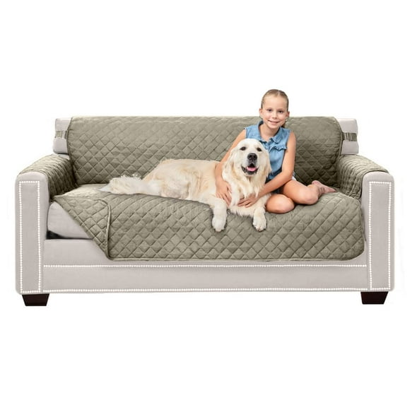 Sofa Shield Couch Slip Cover with Patented Strap, Cushion Protector, Reversible Stain and Dog Tear Resistant Slipcover, Quilted Microfiber 62†Seat, Washable Covers for Dogs Pets Kids, Light Taupe
