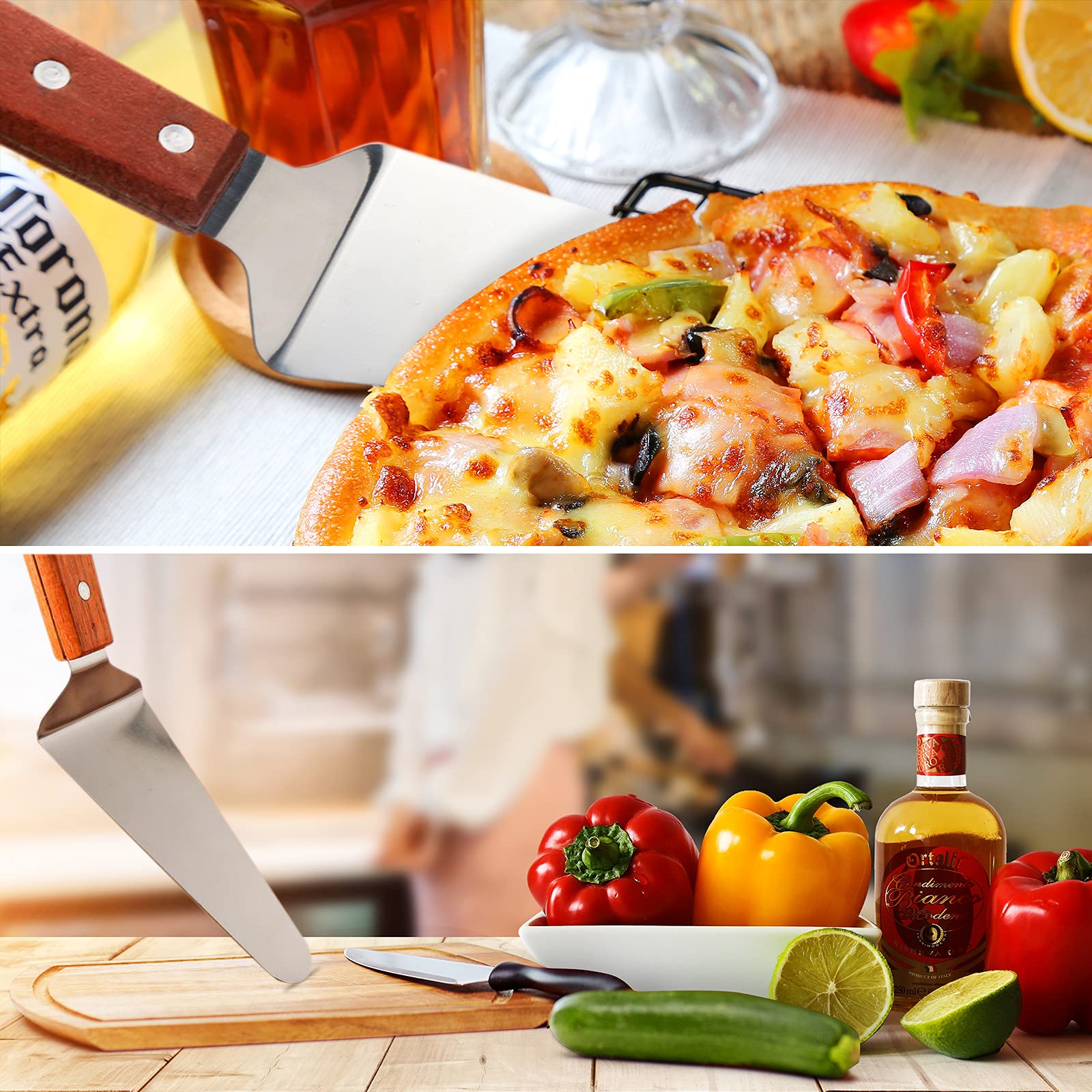 Wooden Handle Pizza Spatula Set Stainless Steel Pie Spatula Frying Spatula Kitchen Cake Transfer Cheese Spatula Household Baking Tools Serving Utensils Pastry Servers(2Pack)