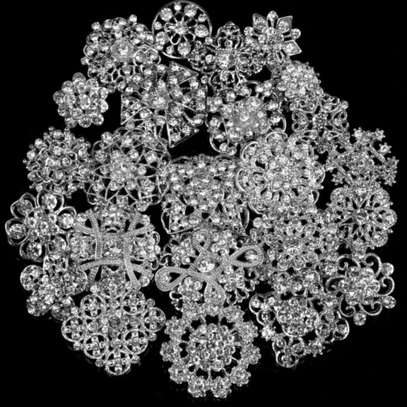 K-KED 24pc Brooch Lot Mixed Alloy Rhinestone Pearl Pin Wedding Crystal Bouquet DIY Kit-24Pcs Silver (12S 12M)