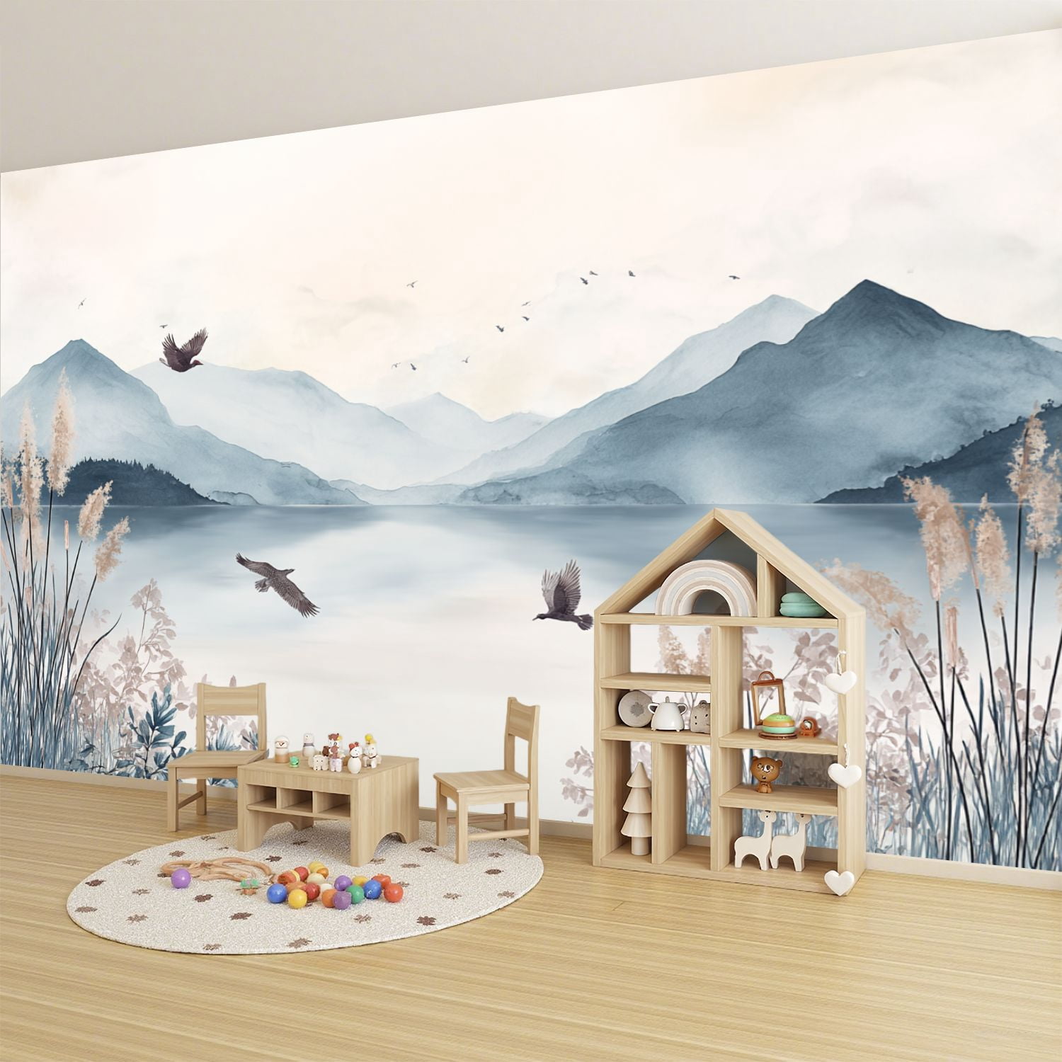 Wallpaper Mountain Peak Lake Wall Mural Tall Reeds Mountains Peel and Stick Wall Murals 100"H x 144"W Removable PVC Wall Paper Self-Adhesive Wall Paintings Art Decor for Bedroom Living Room