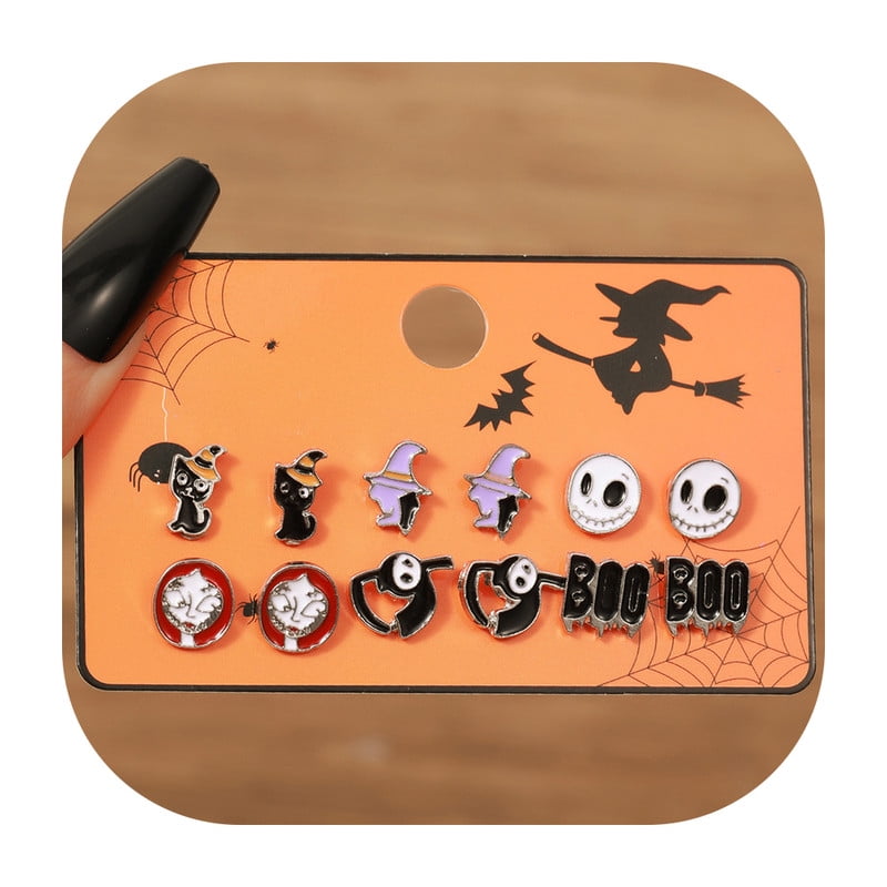 12Pcs Halloween Earrings Set Black Cat Witch Hat Ghost BOO Enamel Ear Studs Cosplay Party Jewelry