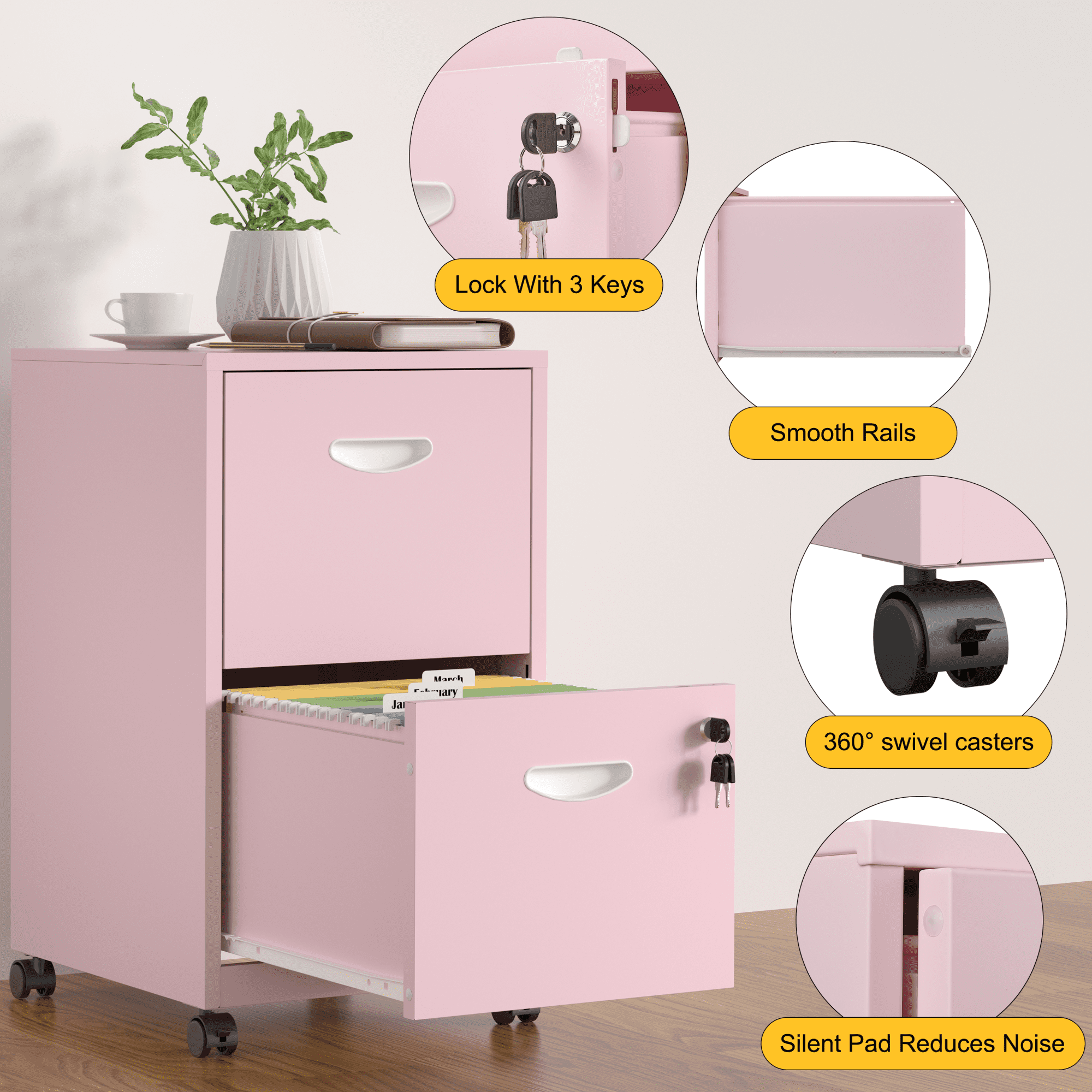 SteeLoong File Cabinet on Whells,Freestanding Storage Organizer,Pink Metal 2-Drawer,Letter Size,Easy Assemble