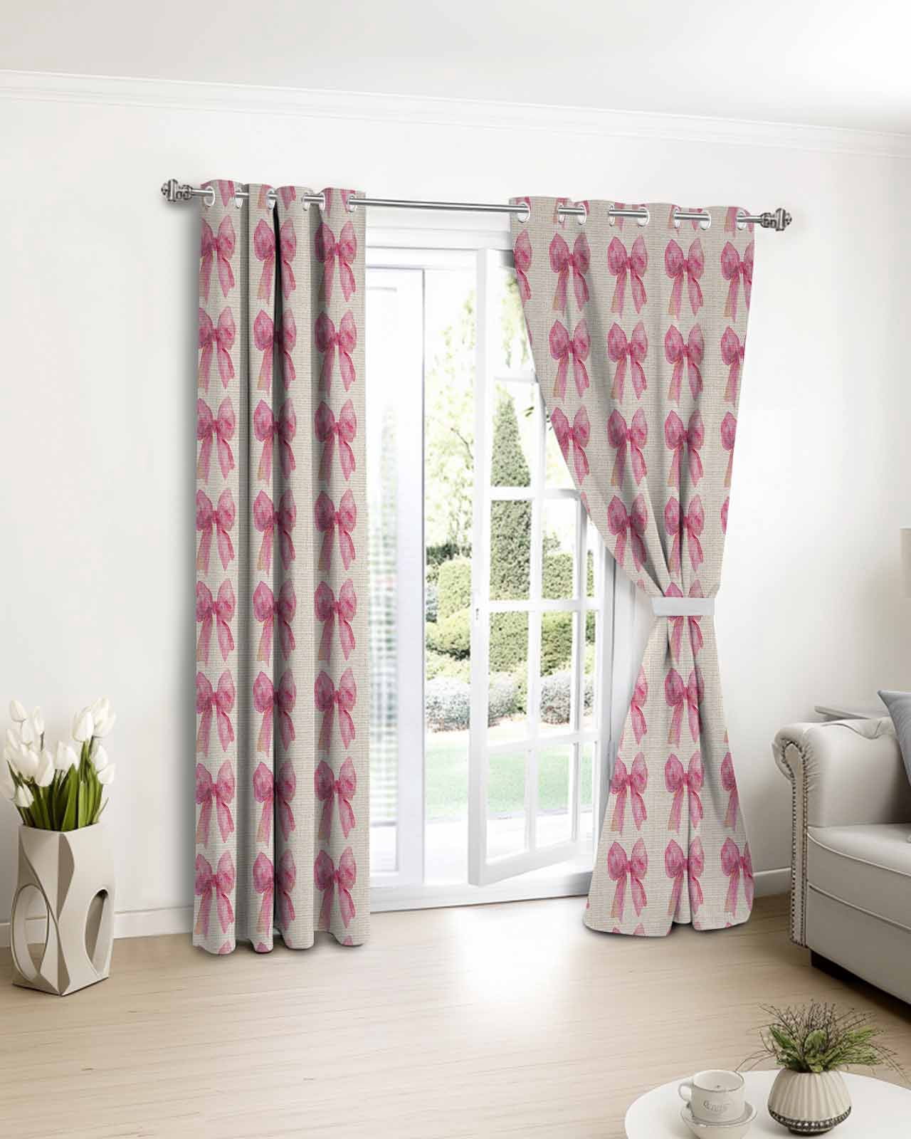 Pink Bow Blackout Curtains 72 Inch Length Vintage Spring Retro Bow Plaid Linen Texture Farm Thermal Insulated Window Curtain Window Drapes 2 Panels for Bedroom Living Room 52"Wx72"L