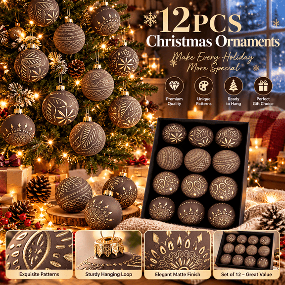 Diceymbol Brown Christmas Ball Ornament Set, 12 Piece 3.15 in Tree Decorations
