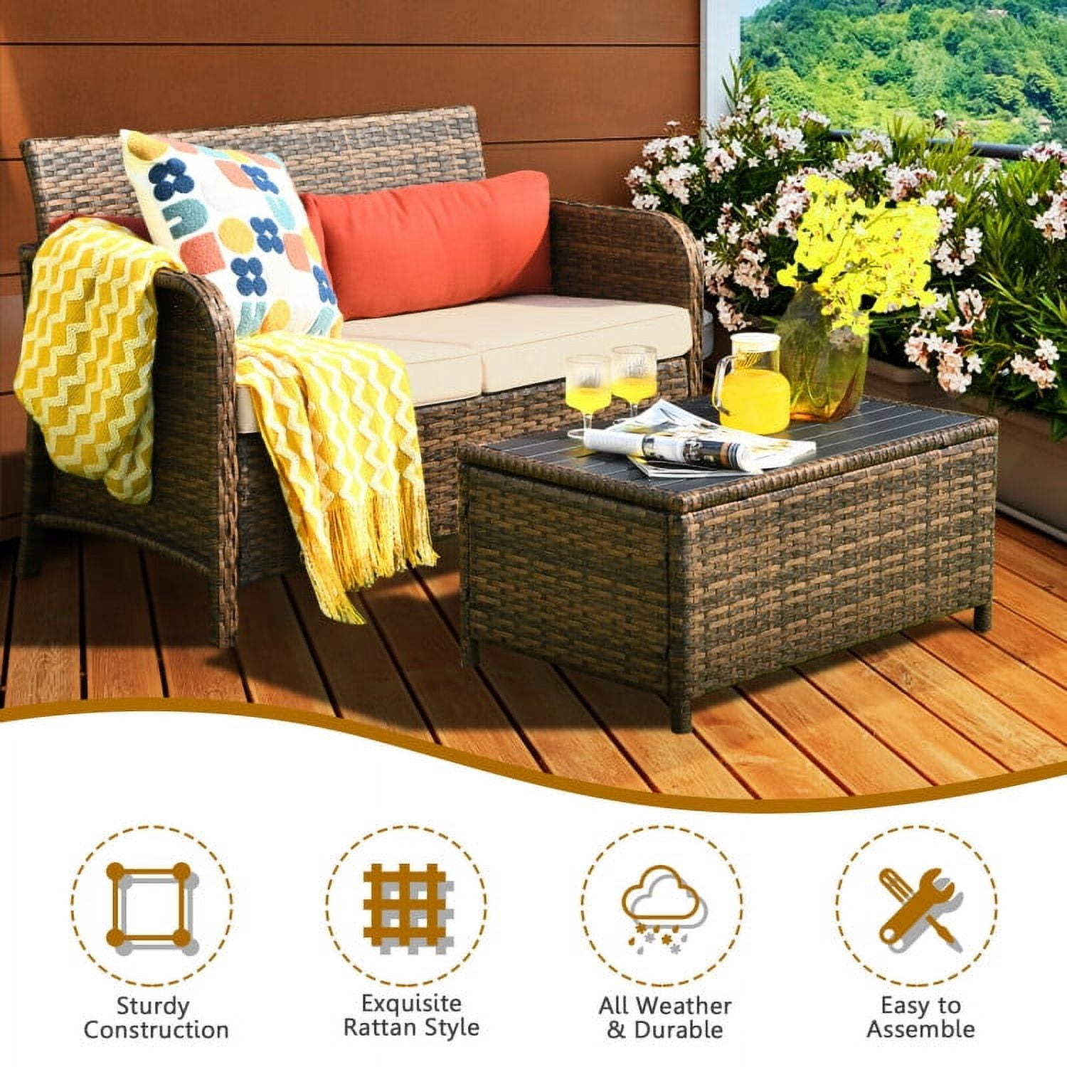 Aimee Lii 2 Pieces Cushioned Wicker Patio Furniture Set, Wicker Outdoor Sectional, Red