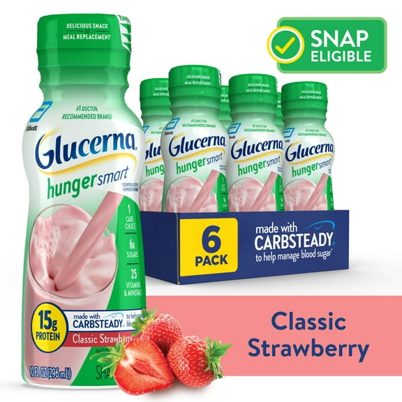 Glucerna Hunger Smart Diabetic Protein Shake, Classic Strawberry, 10 fl oz Bottle, 6 Count