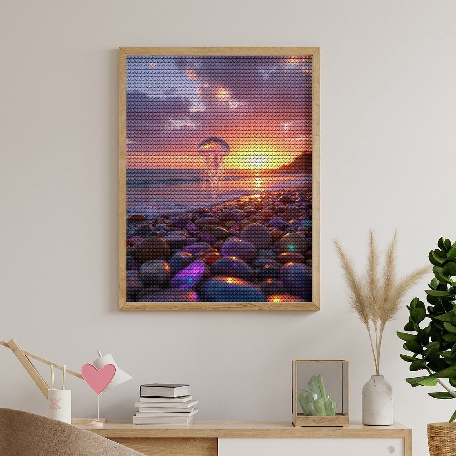 Diamond Art Kits for Adults, Jellyfish Sunset Beach Pebbles Ocean 5D Diamond Painting Kits for Adults Beginners, DIY Full Drill Diamond Painting, Gem Art and Crafts 12x16