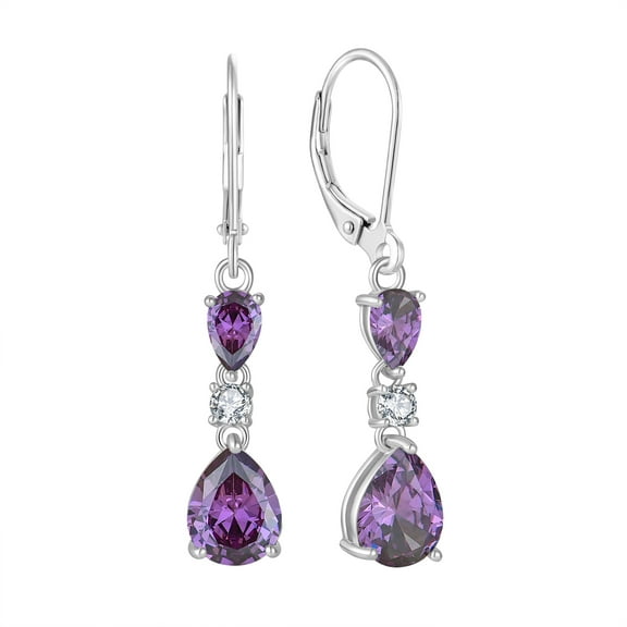 PYNZY 925 Sterling Silver Teardrop Earrings with 7x9MM Created Amethyst Birthstones, Dangle Earrings with Leverback for Women Jewelry Gifts