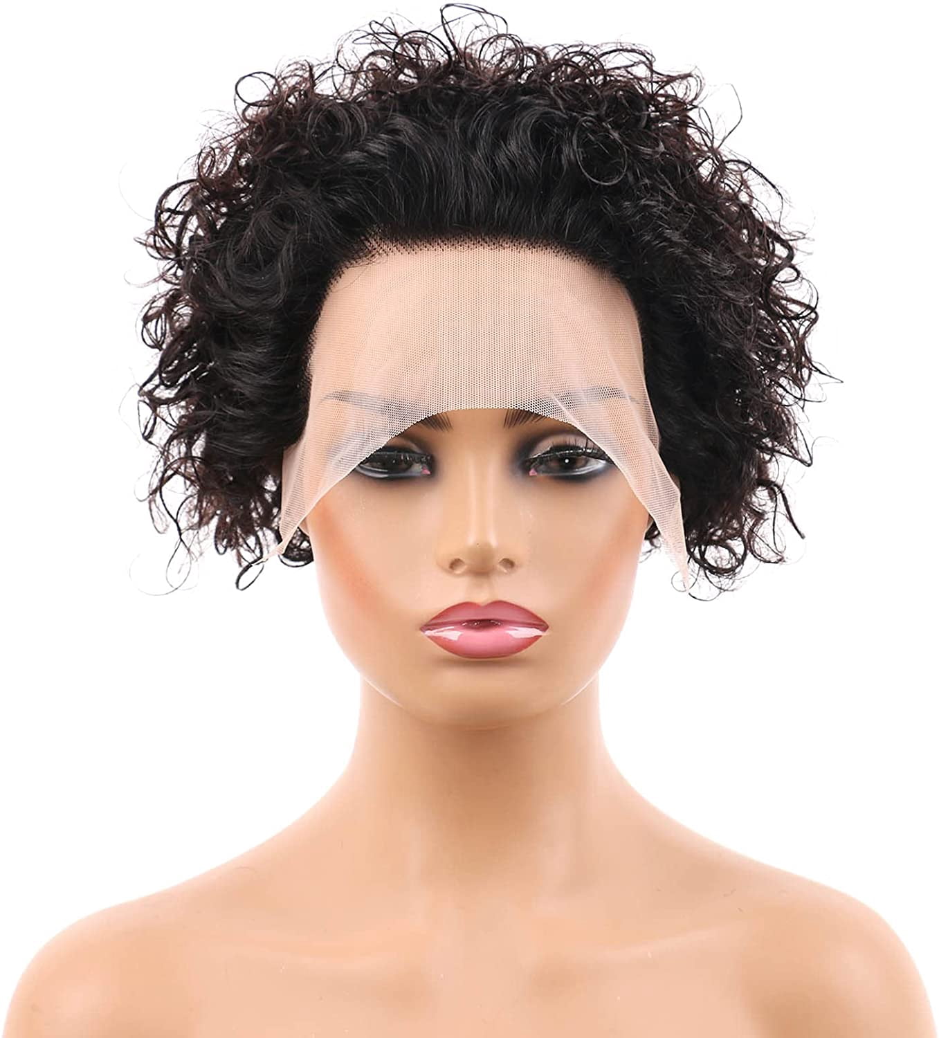 Short Pixie Cut Wigs for Women 13x1 Lace Front Human Hair Wigs Remy Brazilian Curly Wigs Natural Black 6 Inch 150% Density Tight Curls