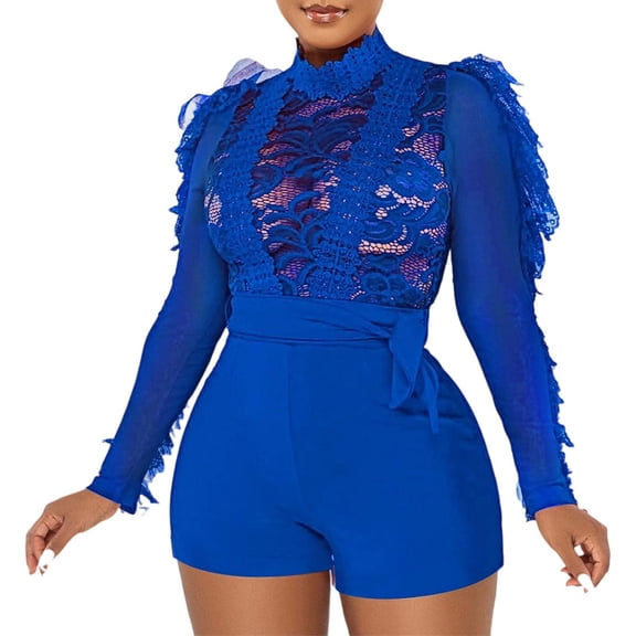 Women's Lace Jumpsuit Casual Summer Fall Romper With Belt Sheer Mesh Panel Elegant Outfit For Daily Wear And Leisure Activities