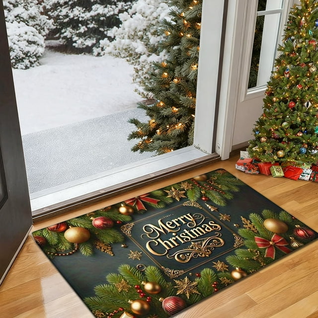 Fasiaou Christmas Half Round Doormat Xmas Red Leaf Non-Slip Washable Semi Circle Area Rug Durable Half Moon Rugs Hearth Fireplace Rug for Outdoor Indoor Living Room Bedroom Kitchen Holiday Decor(D)