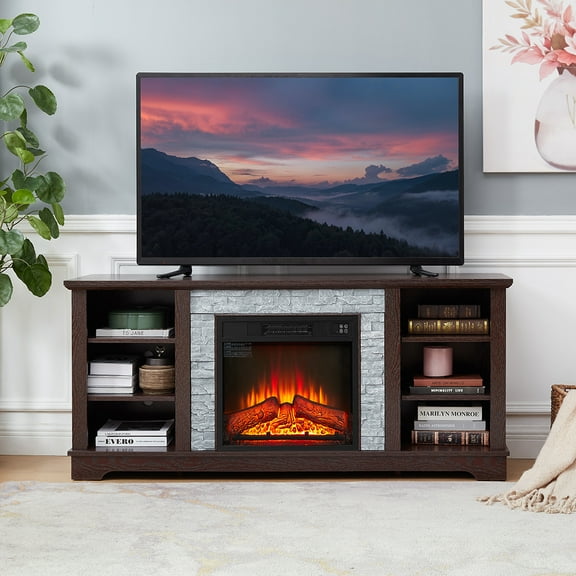 Resenkos Entertainment TV Stand,Entertainment CenterFaux Stacked Stone TV Media Stand,Modern Entertainment Console Space with 18" Fireplace Insert, Cherry