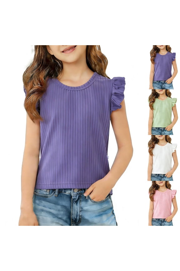 Girls Flutters Sleeve T-Shirt Solid Crewneck Top for Kids Casual Breathable Summer Tee, Sizes 7-8 Years