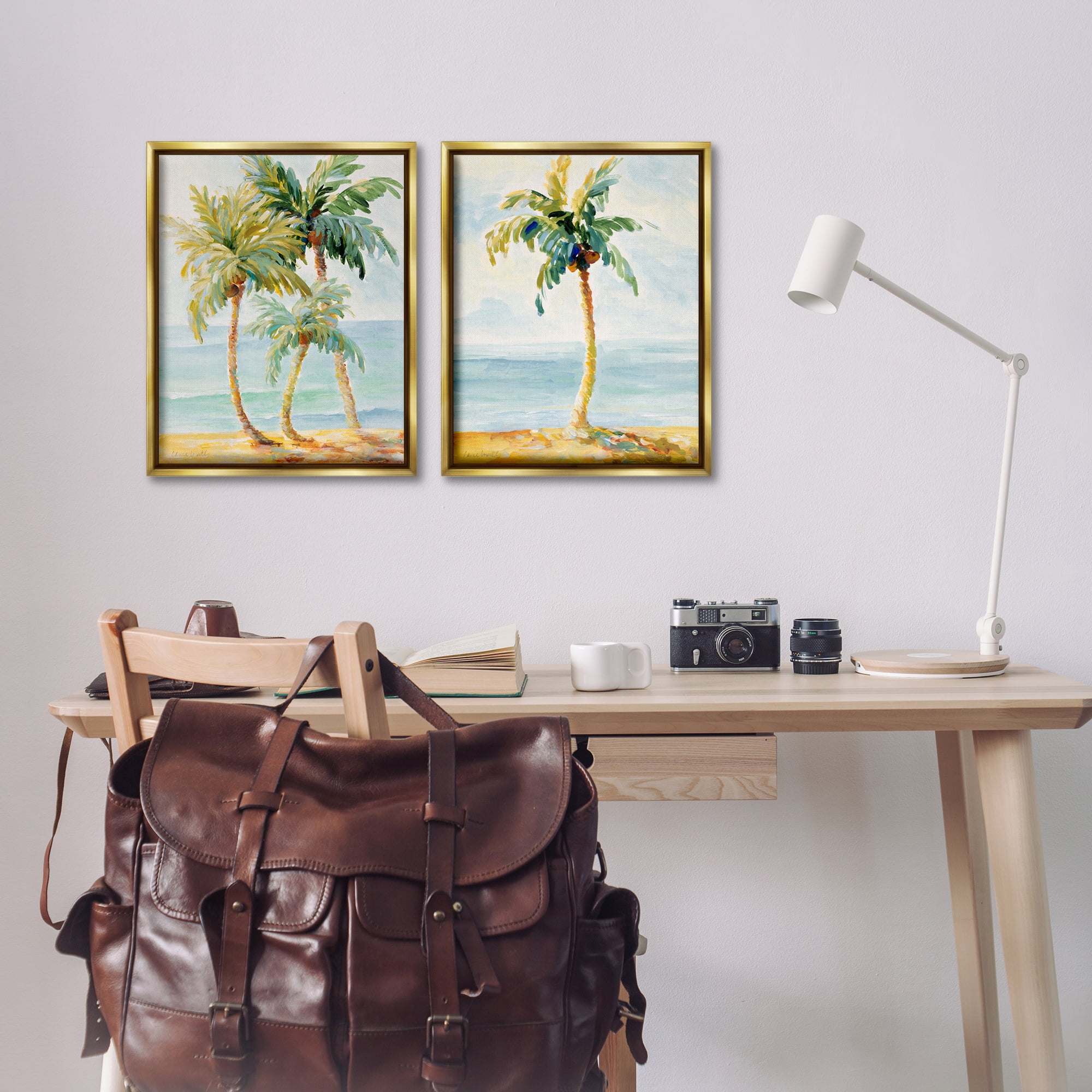 Stupell Industries Tropical Palms Calm Ocean Landscape & Nature Painting Gold Floater Framed Canvas Art Print Wall Art, 17 x 21, Set of 2
