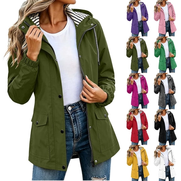 Women's Waterproof Raincoat Lightweight Rain Jacket Hooded Windbreaker with Pockets Solid Color Mid Length Outdoor Hiking Drawstring Long Sleeved Coat