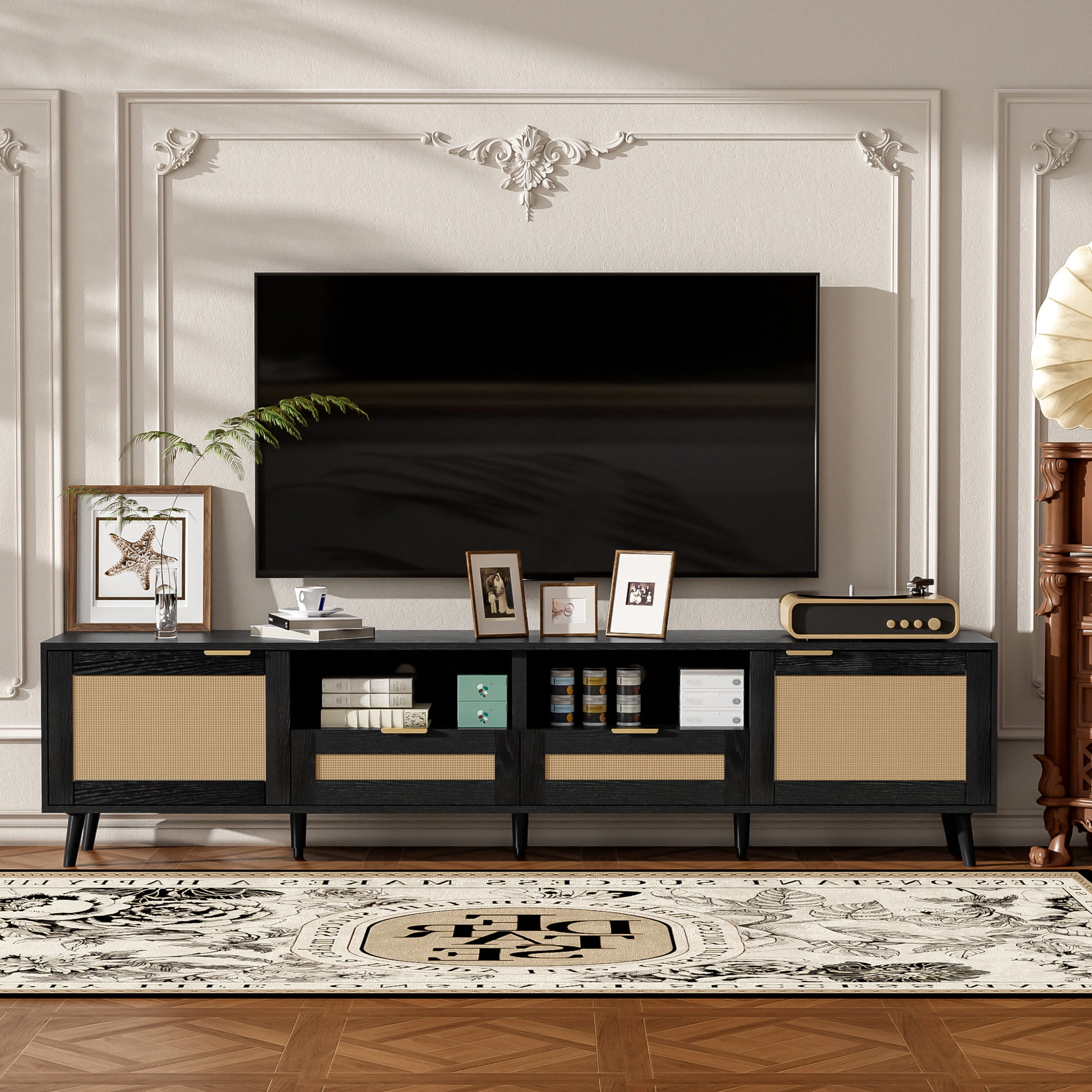 Noble House Rattan TV Stand for TVs up to 85 Inch with Storage Cabinets, Open Shelves, Black + Wood