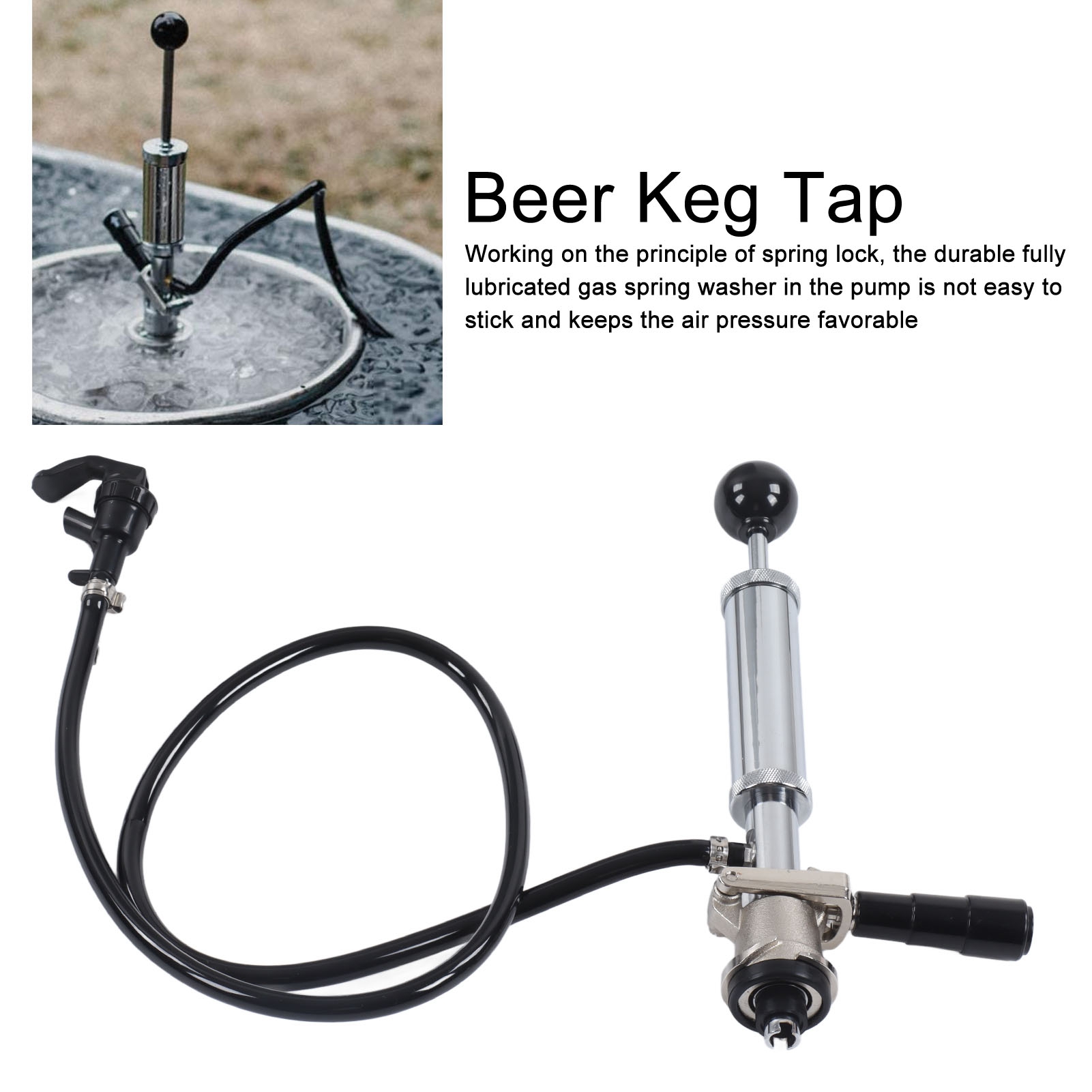 Cacagoo 11.8” Keg Tap Beer Keg Party Pump, D System Beer Taps for Kegs, Kegerator Tap Stainless Steel Probe Coupler Beer Tap with Beer Line Faucet Hose Clamps
