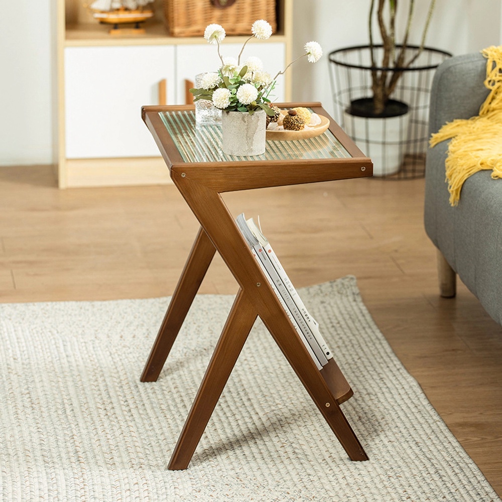Rattan Nightstand Side Table, Bamboo Accent Bedside Tables, Glass Coffee Tables, Boho End Table with Storage for Small Space Living Room Bedroom, Brown