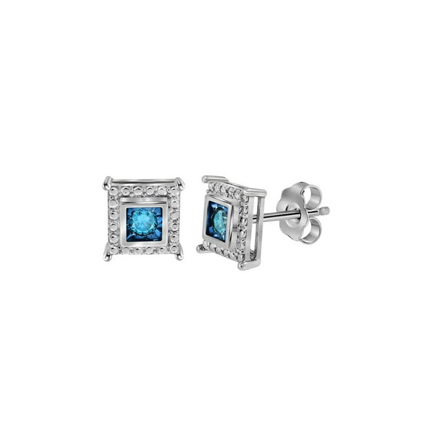 Solid 925 Sterling Silver Round Blue Diamond Stud Earrings 1/5 Ct.