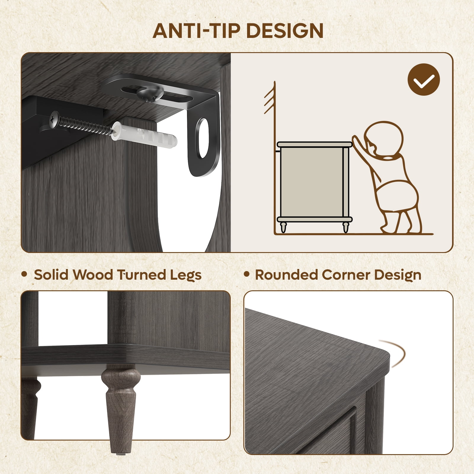 Bestier Farmhouse Nightstand with 2 Drawers, Wood Bedside Table with Charging Station, Sofa Side End Table Night Stand for Living Room, Bedroom, Home Office, Gray