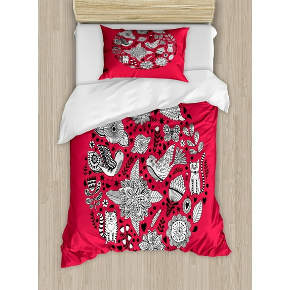 Ethnic Duvet Cover Set Twin Size, Boho Ornamental Floral Circle Birds Cat Daisy Hedgehog Dove Leaf Tulip, Decorative 2 Piece Bedding Set with 1 Pillow Sham, Dark Coral Charcoal Grey, by Ambesonne