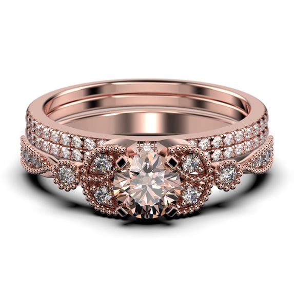 Trio Set 2.50 Carat Round Cut Morganite And Diamond Moissanite Engagement Ring, Matching Wedding Band in 925 Sterling Silver With 18k Rose Gold Plating, Leaf Ring, Promise Ring, Anniversary Gift