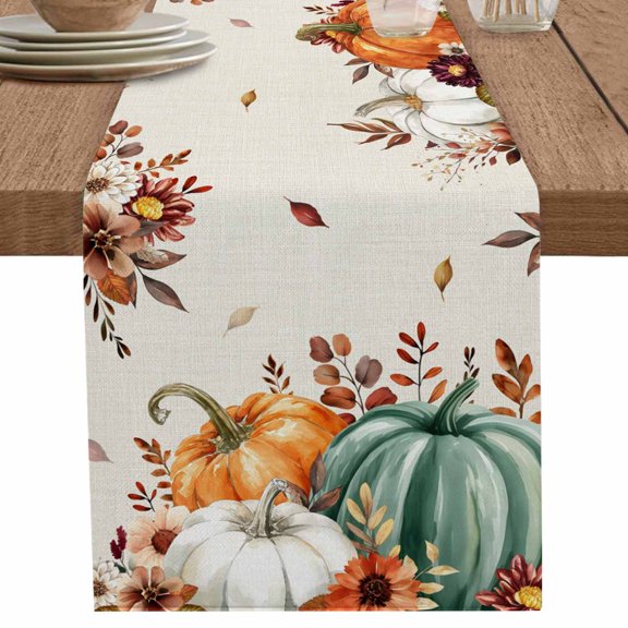 nqOlkjepod Orange Green Pumpkins Fall Table Runner 70 Inches Long Farmhouse Dress Scarves, Thanksgiving Floral Botanical Rustic Dining Tablerunner for Coffee Table/Kitchen Island/Party, 13"x70"