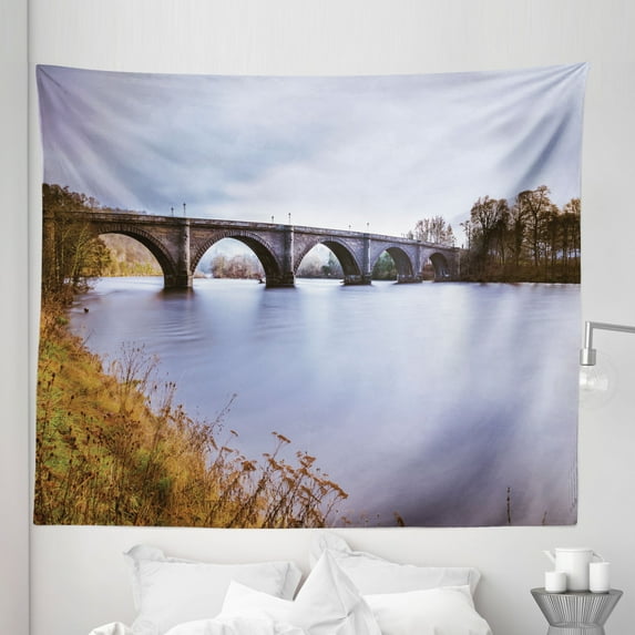 Scotland Tapestry, Dunkeld Bridge Over the River Tay in Perthshire European Town Scenery, Fabric Wall Hanging Decor for Bedroom Living Room Dorm, 5 Sizes, Ceil Blue Fawn and Grey, by Ambesonne