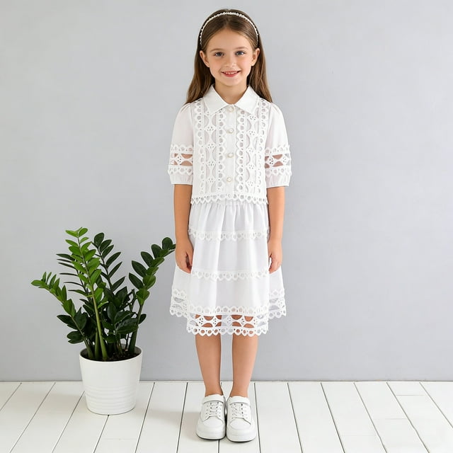 Conjunto de falda y top de manga corta con cuello alto y falda de encaje para niña, primavera/verano