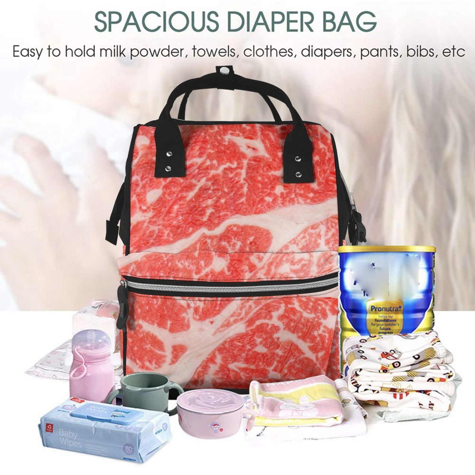 Ratiio Beef Steaks Mummy Backpack - Waterproof Twill Canvas, Large Capacity Diaper Bag with Multiple Pockets and Adjustable Straps