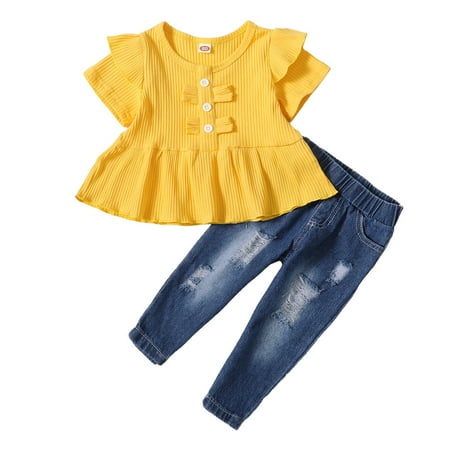 

Kucnuzki 12 Months Baby Girl Summer Outfits Pants Sets 18 Months Short Sleeve Solid Color Pit Stripes Cozy Ruffles Peplum Tops Elastic Ripped Denim Pants 2PCS Set Yellow