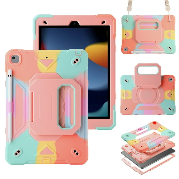 ShieldPlus Case for iPad iPad 9th/ 8th/ 7th Generation 10.2", Shockproof Case with Rotating Kickstand Handle Grip & Shoulder Strap & Pencil Holder, Kids Case for iPad 10.2" (2021-2019),Colorful Pink