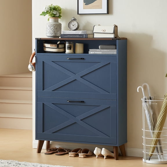 Joaxswe Shoe Storage Cabinet with 2 Flip Drawers & Open Storage, Wood Narrow Shoe Cabinet, For Foyer, Hallway, Porch, Living Room, Balcony, Bedroom, Navy Blue