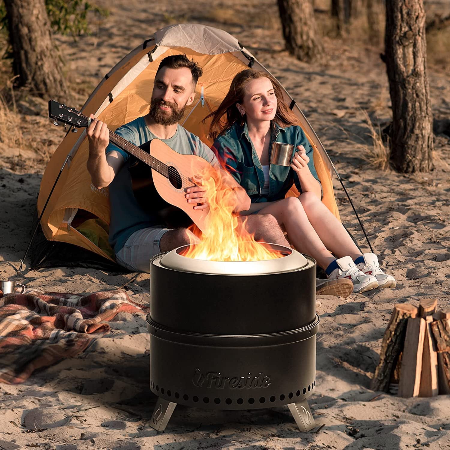 TURBRO Fireside 19 Inch Smokeless Fire Pit for Outdoor Wood Burning, Detachable Stainless Steel Camping Stove with Stand, Removable Ash Pan, Waterproof Storage Bag, Nested Design, Pluto R19-PG, Black