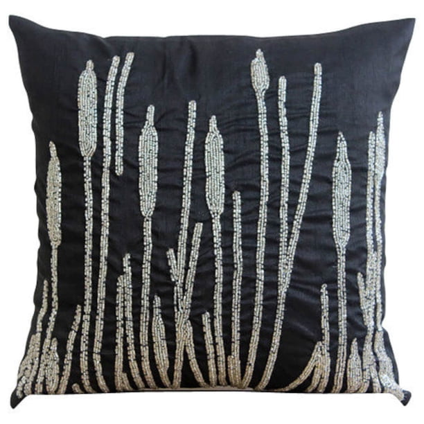 Fundas de almohada, funda de almohada negra, diseño de mijo con cuentas, fundas de cojín de 35 x 35 cm (14 x 14 pulgadas), fundas de almohada cuadradas de seda para sofá, diseño floral - Belleza negra