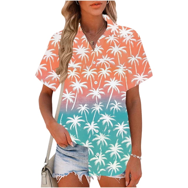 TaTaai Women's Collared Slub Linen Top, Soft Breathable, Loose Fit, Short Sleeve, Non-Positioned Print, Curved Hem Buttons, Summer Trendy Casual Multi-Color Gift