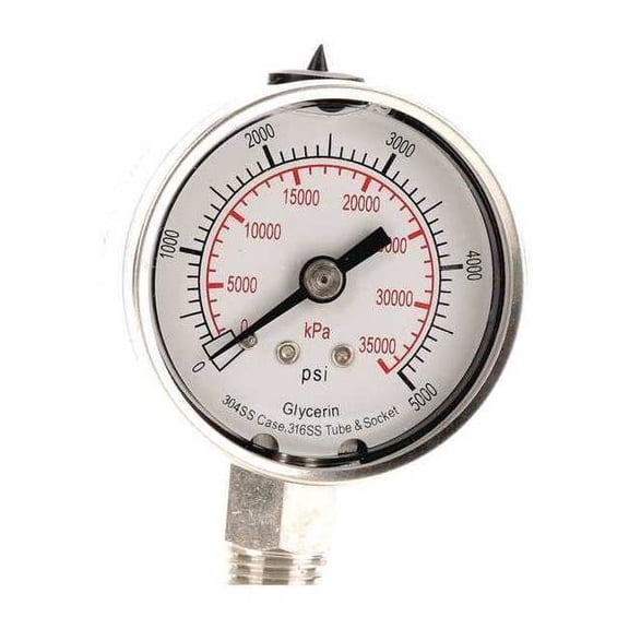 Commercial Pressure Gauge, 0 to 5,000 psi, 2 in Dial, 1/4 in NPT, Bottom Location
