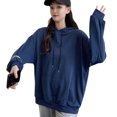 thumbnail image 4 of Sudadera con capucha de color puro con hombros caídos y manga larga suelta con cordón y bolsillo azul M, 4 of 8