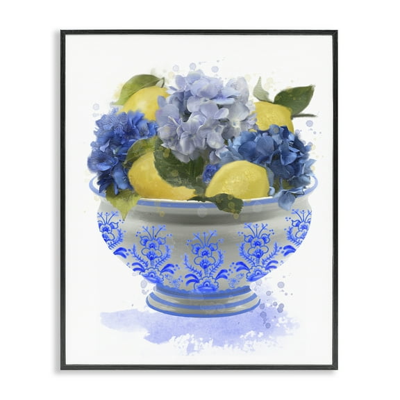 Stupell Industries Hydrangea & Lemon Bowl Food & Beverage Painting Black Framed Art Print Wall Art, 11 x 14