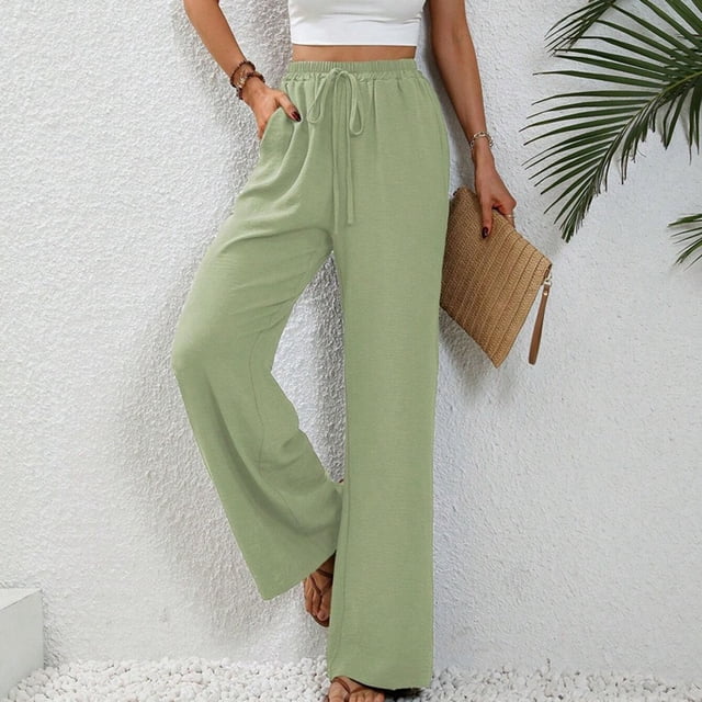 Mefallenssiah Women'S Spring Solid Color Elastic Waist Straight Tube Casual Wide Leg Pants