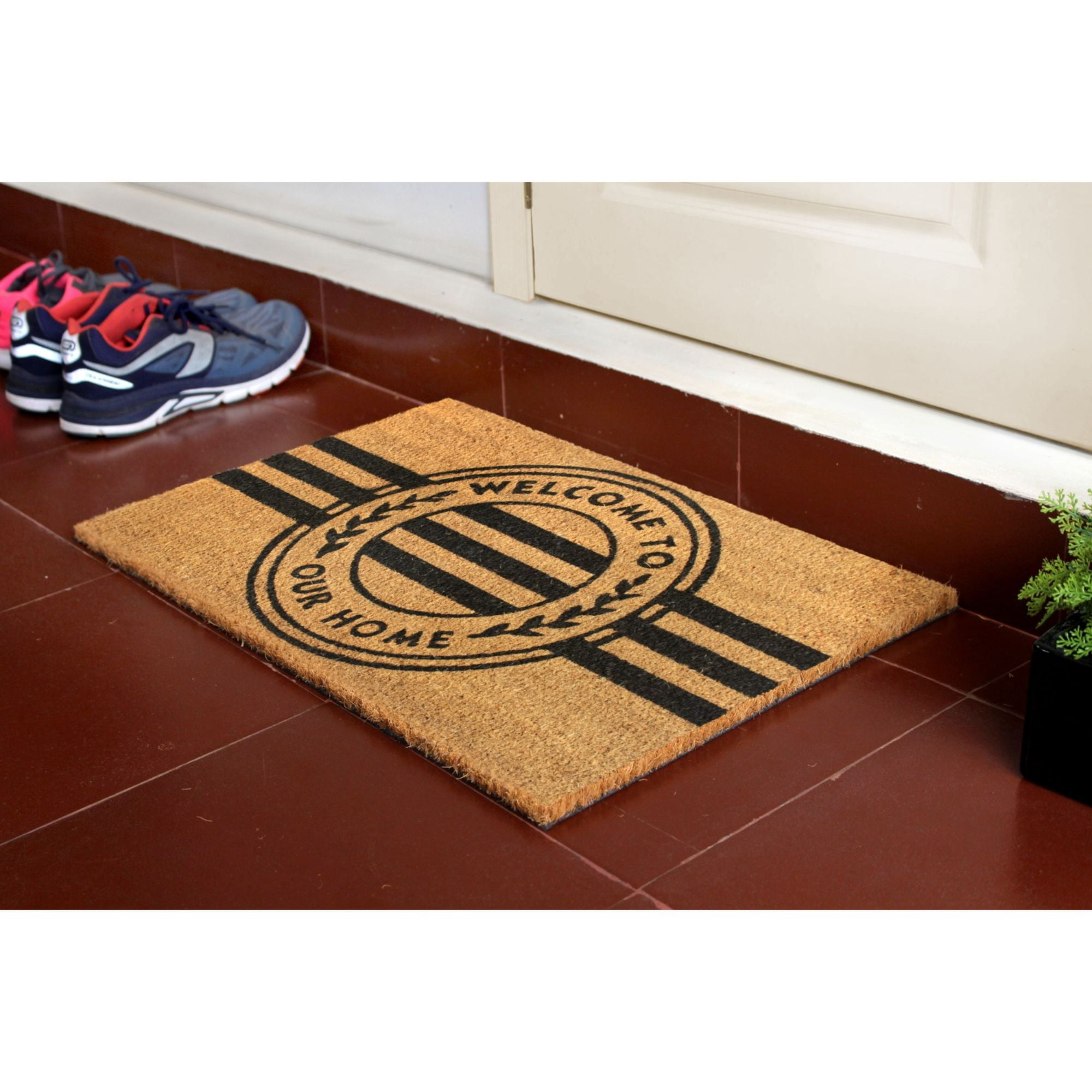 Rugsmith Black Machine Tufted Welcome to our Home Stripe Doormat, 18" x 30"
