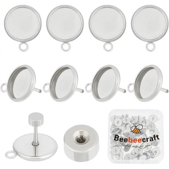 1 box 1 box 50 sets Blank Post Earring Stainless Steel Flat Round Stud Earring Settings and Ear Nuts with Loop for DIY Craft Jewelry Making 304 Stainless Steel