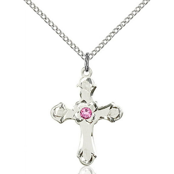 Sterling Silver Cross Pendant with 3mm October Rose Swarovski Crystal 7/8 x 5/8 inches with Sterling Silver Lite Curb Chain