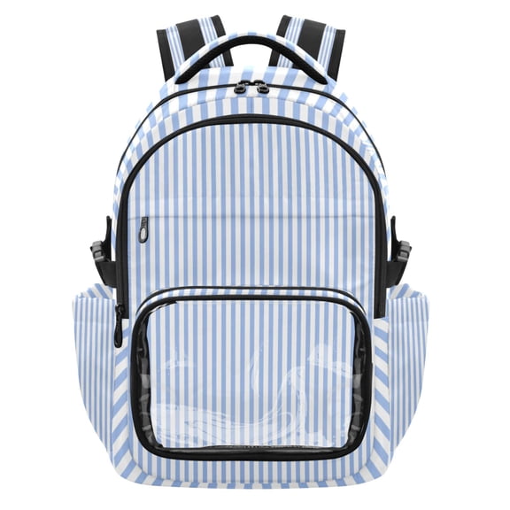 Qxltty Blue White Stripe Backpack School Bookbag with Clear PVC Front Pocket, Laptop Compartment, Water Resistant Travel Daypack for Students