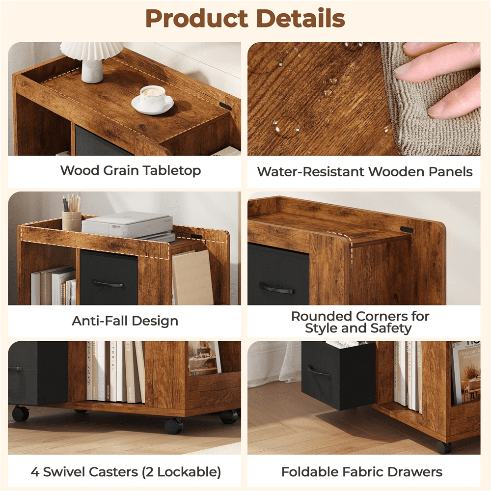 Renwick Modern Wooden Rolling Side Table with 2 Foldable Fabric Drawers and Magazine Racks, Rustic Brown