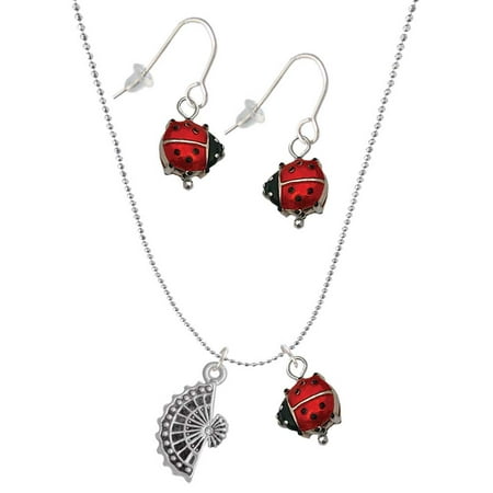 Delight Jewelry Silvertone Fan with AB Crystal Red Lucky Ladybug Necklace and Dangle Earrings Set