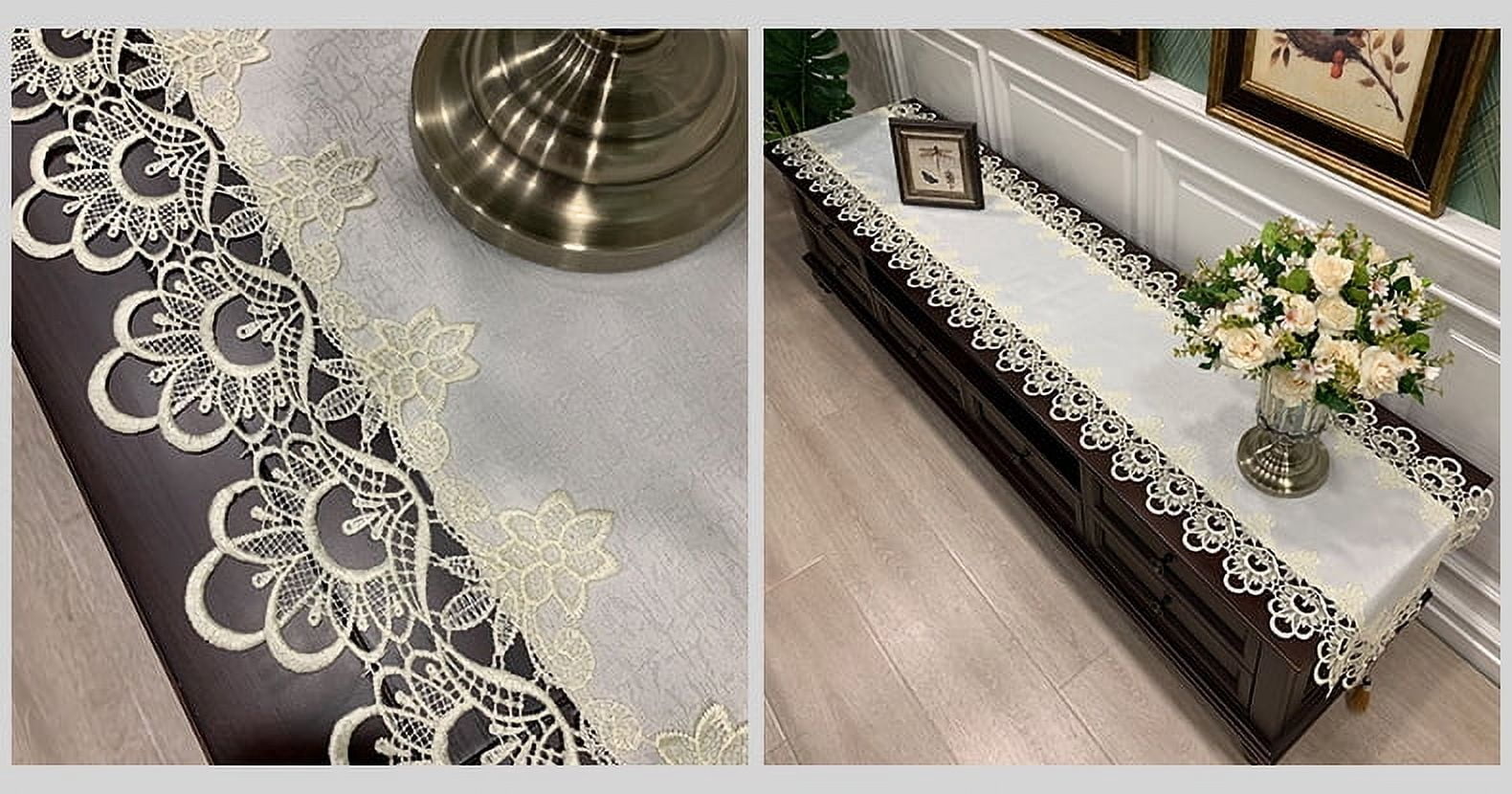 American Style Table Runner - 16x63 Inch Lace Embroidered Rectangular Cover for Coffee Table, TV Stand & Dresser, Dustproof European Linen Tablecloth (Beige & White)